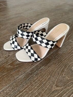 CECILIA NEW YORK Black & White Checkerboard High Heel Mule